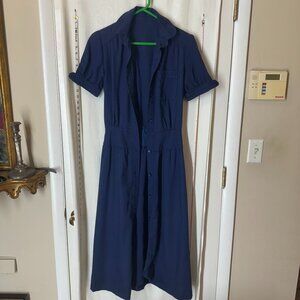 Vintage Navy Blue button up collared dress. A Line Midi. Handmade